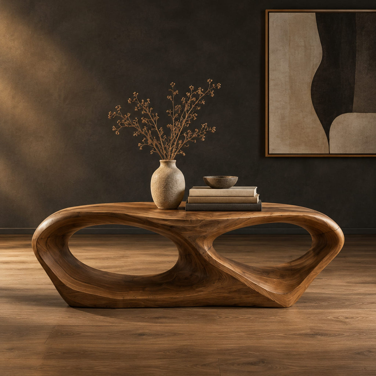 Sculpted coffee table with two large oval openings and a smooth low body in a dark studio against a charcoal plaster wall