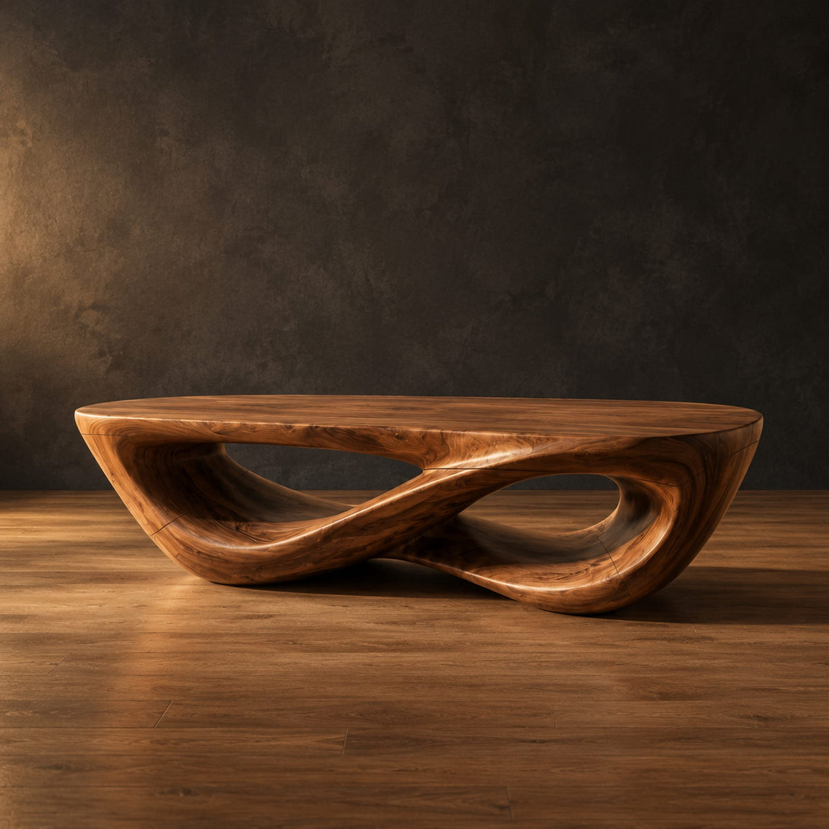 Coffee table with a twisting figure eight base and a thick oval top in a dark studio against a charcoal plaster wall