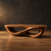 Coffee table with a twisting figure eight base and a thick oval top in a dark studio against a charcoal plaster wall