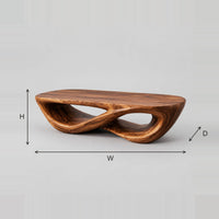 Sculpted Coffee Table With Twisting Figure Eight Loop Base dimension diagram with width, height and depth