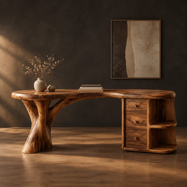 Sculpted Curved Desk With Tree Trunk Leg And Three Drawers