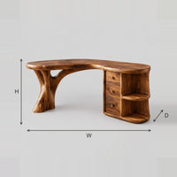 Sculpted Curved Desk With Tree Trunk Leg And Three Drawers dimension diagram with width, height and depth