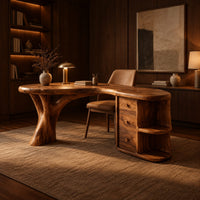 Kidney shaped wood desk with a tree trunk leg and a drawer pedestal in an evening home office with walnut wall paneling