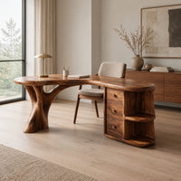 Kidney shaped wood desk with a tree trunk leg and a drawer pedestal in a Scandinavian home office with white walls