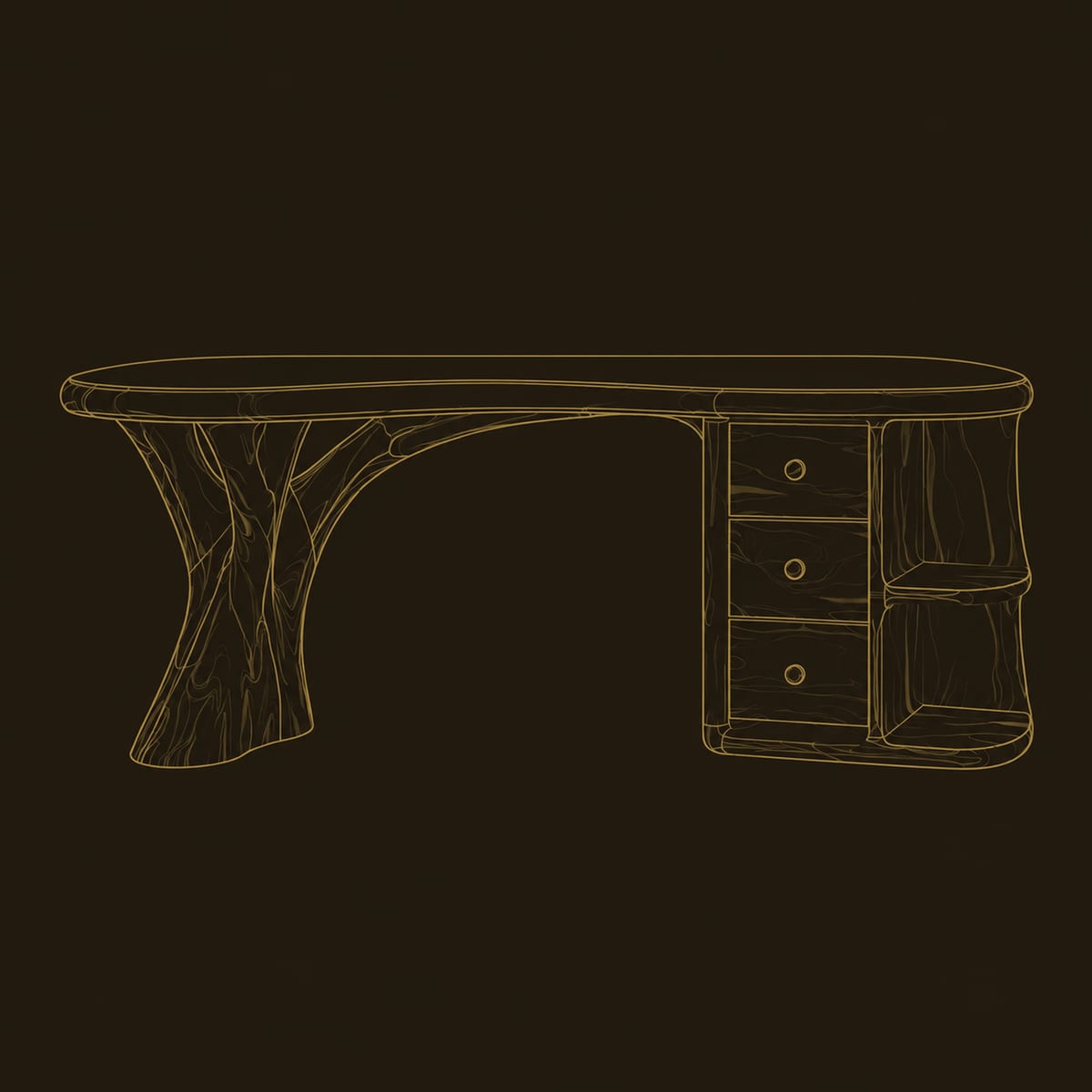 Sculpted Curved Desk With Tree Trunk Leg And Three Drawers dimension diagram