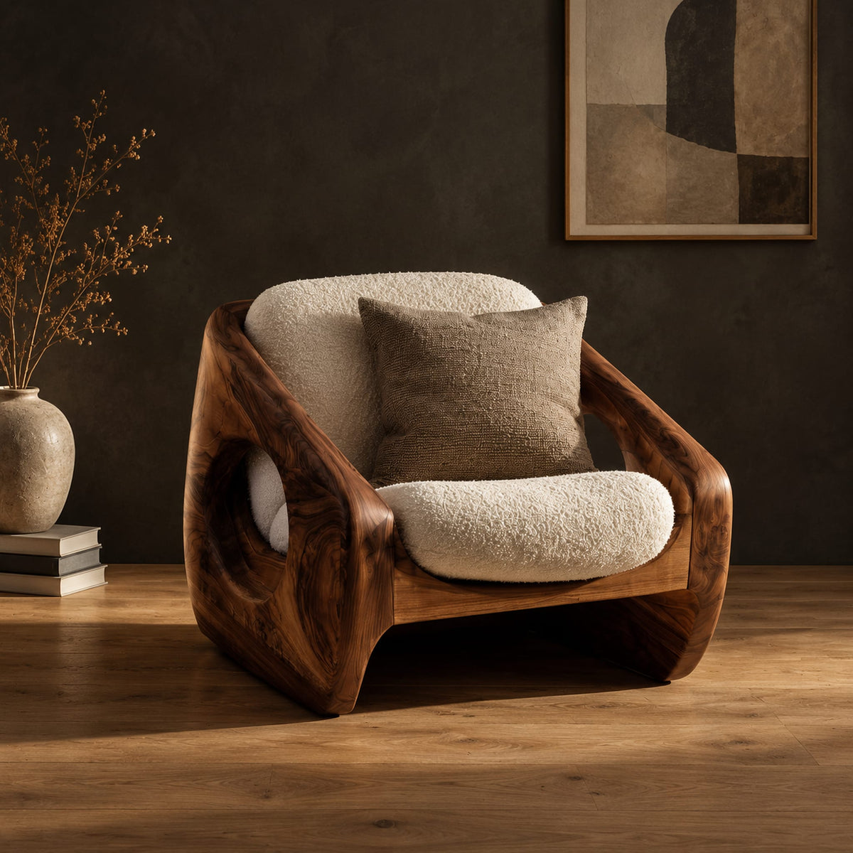 Sculpted wooden lounge chair with a circular side opening and cream cushions in a dark studio against a charcoal plaster wall