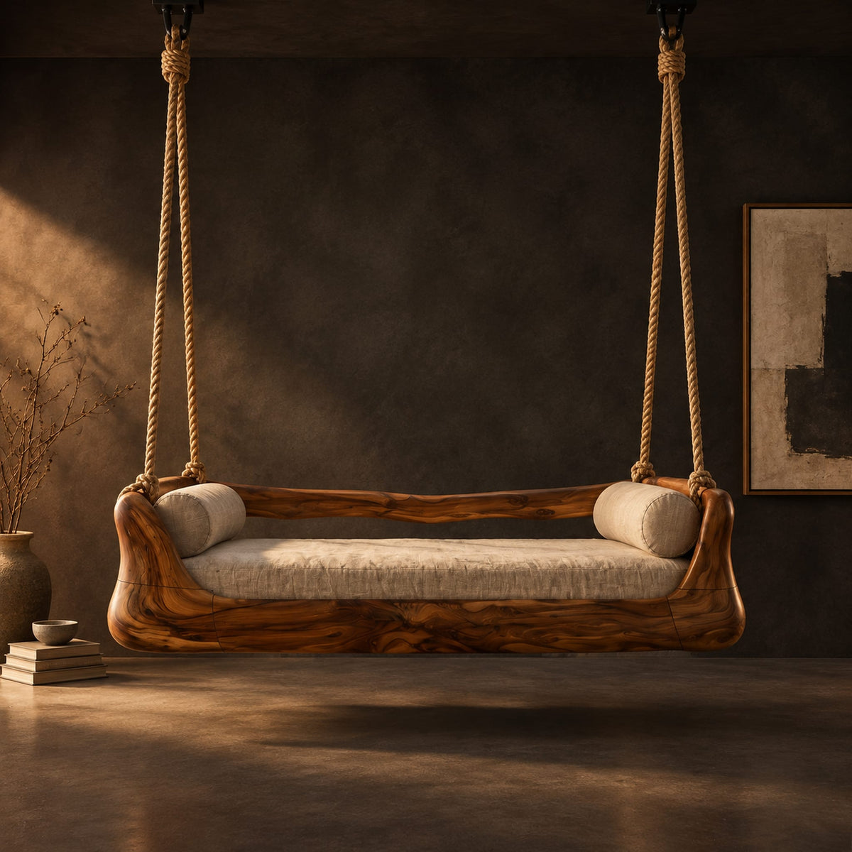 Hanging daybed swing with a sculpted wood frame and a cushioned seat in a dark studio against a charcoal plaster wall