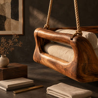 Corner detail of hanging daybed swing with a sculpted wood frame and a cushioned seat beside wood, brass and linen samples