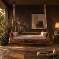 Hanging daybed swing with a sculpted wood frame and a cushioned seat in a dark porch at golden hour