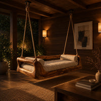 Hanging daybed swing with a sculpted wood frame and a cushioned seat in an evening porch with walnut wall paneling