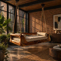 Hanging daybed swing with a sculpted wood frame and a cushioned seat in an industrial loft porch with exposed brick