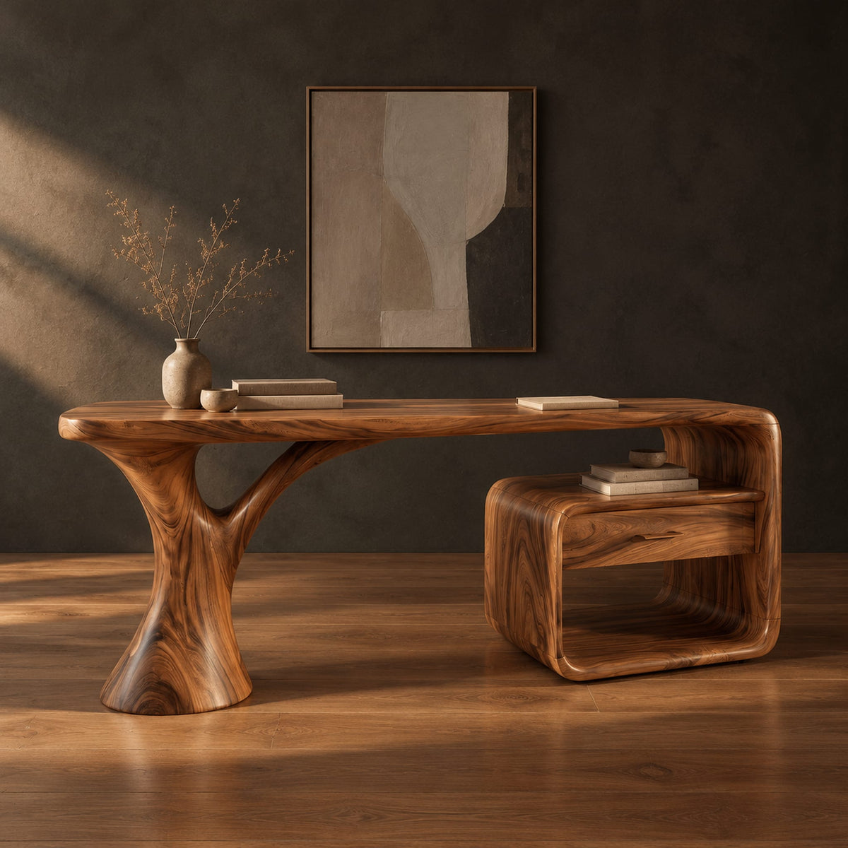 Sculpted desk with a tree trunk leg and a loop frame side unit in a dark studio against a charcoal plaster wall
