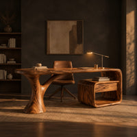 Sculpted desk with a tree trunk leg and a loop frame side unit in a dark home office at golden hour