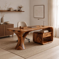 Sculpted desk with a tree trunk leg and a loop frame side unit in a Scandinavian home office with white walls