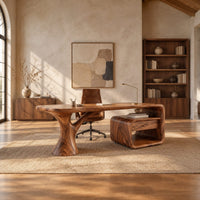 Sculpted desk with a tree trunk leg and a loop frame side unit in a bright open plan home office