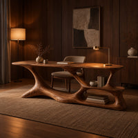 Long desk on a freeform sculpted base with open loops and a small shelf in an evening home office with walnut wall paneling