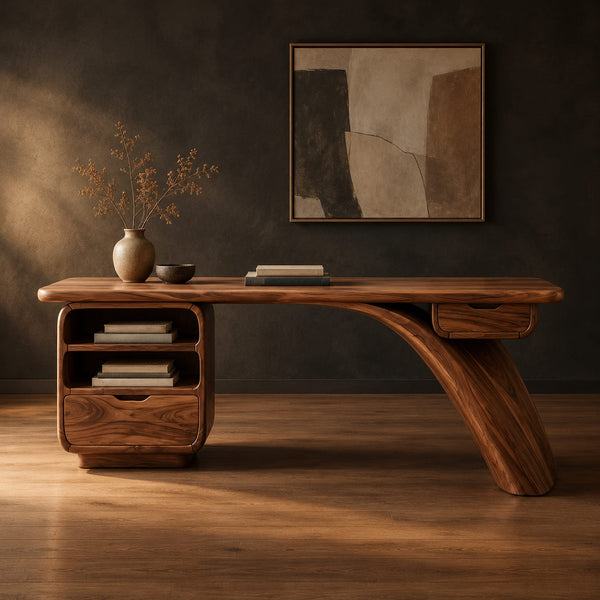 Sculpted Desk With Swooping Blade Leg And Open Cubby Pod