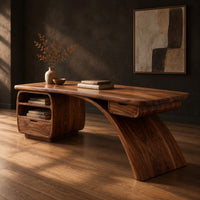 Desk with a swooping blade leg and a cubby and drawer pod, three-quarter view showing the grain