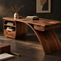 Corner detail of desk with a swooping blade leg and a cubby and drawer pod beside wood, brass and linen samples