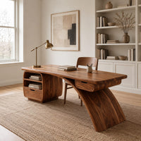 Desk with a swooping blade leg and a cubby and drawer pod in a Scandinavian home office with white walls