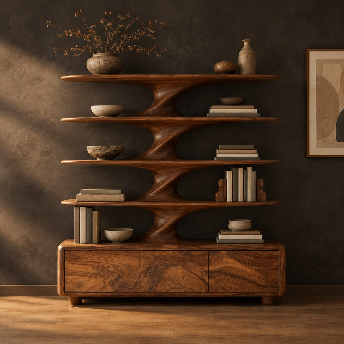 Bookshelf with sculpted flared tiers on a low base with three front panels in a dark studio against a charcoal plaster wall