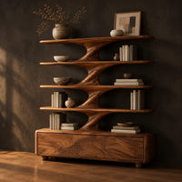 Bookshelf with sculpted flared tiers on a low base with three front panels, three-quarter view showing the grain