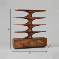 Sculpted Flared Tier Bookshelf With Three Panel Low Base dimension diagram with width, height and depth