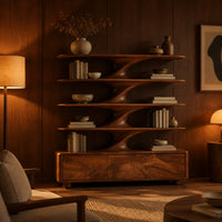Bookshelf with sculpted flared tiers on a low base with three front panels in an evening living room with walnut wall paneling
