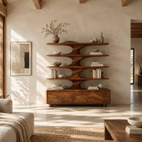Bookshelf with sculpted flared tiers on a low base with three front panels in a bright open plan living room