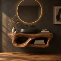 Floating bathroom vanity shelf with sculpted openings and a flat top in a dark studio against a charcoal plaster wall