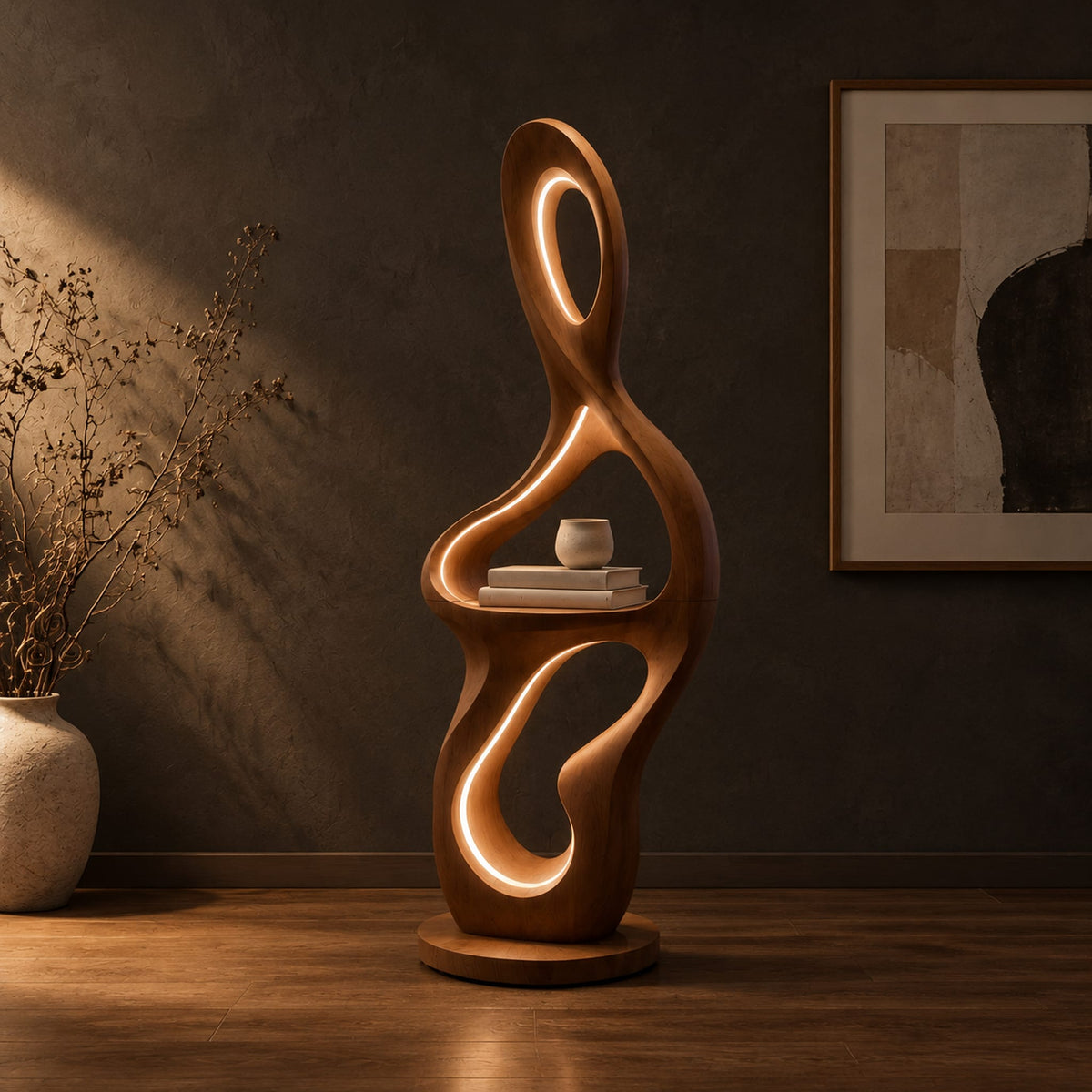 Sculpted floor lamp with glowing oval cutouts and a mid level shelf in a dark studio against a charcoal plaster wall
