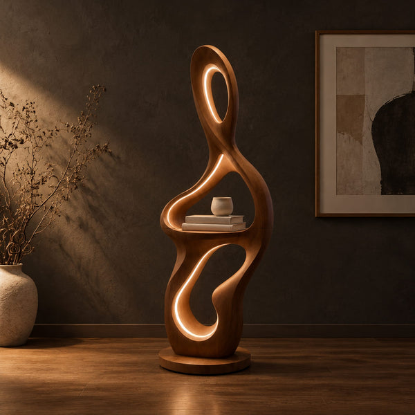 Sculpted Floor Lamp With Glowing Cutouts And Mid Level Shelf