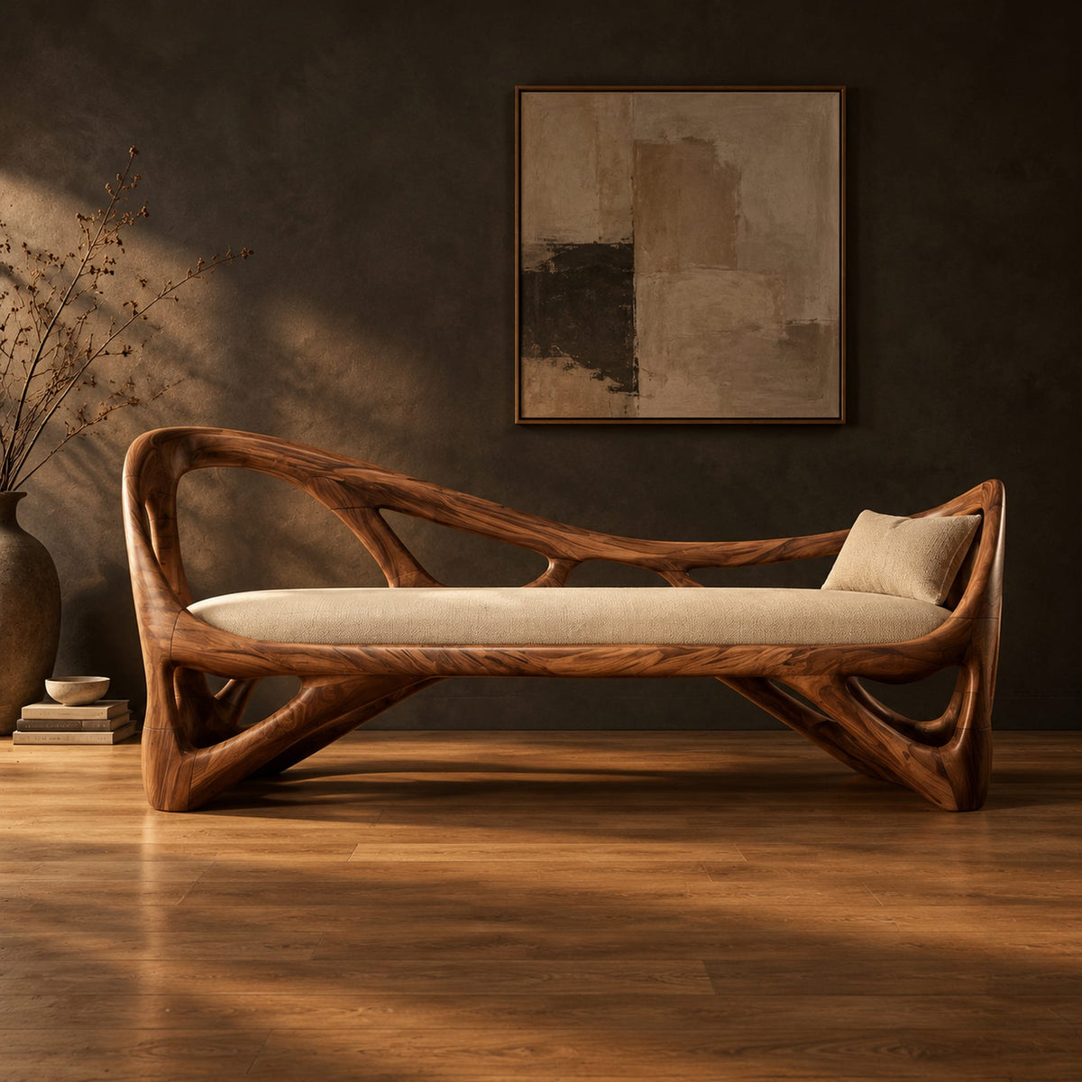 Sculpted wooden bench with open branching sides and a padded seat in a dark studio against a charcoal plaster wall