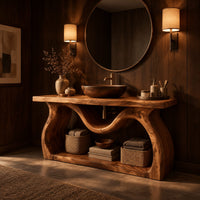 Bathroom vanity with sculpted wavy legs and an open lower shelf in an evening bathroom with walnut wall paneling