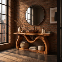 Bathroom vanity with sculpted wavy legs and an open lower shelf in an industrial loft bathroom with exposed brick
