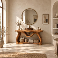 Bathroom vanity with sculpted wavy legs and an open lower shelf in a bright open plan bathroom