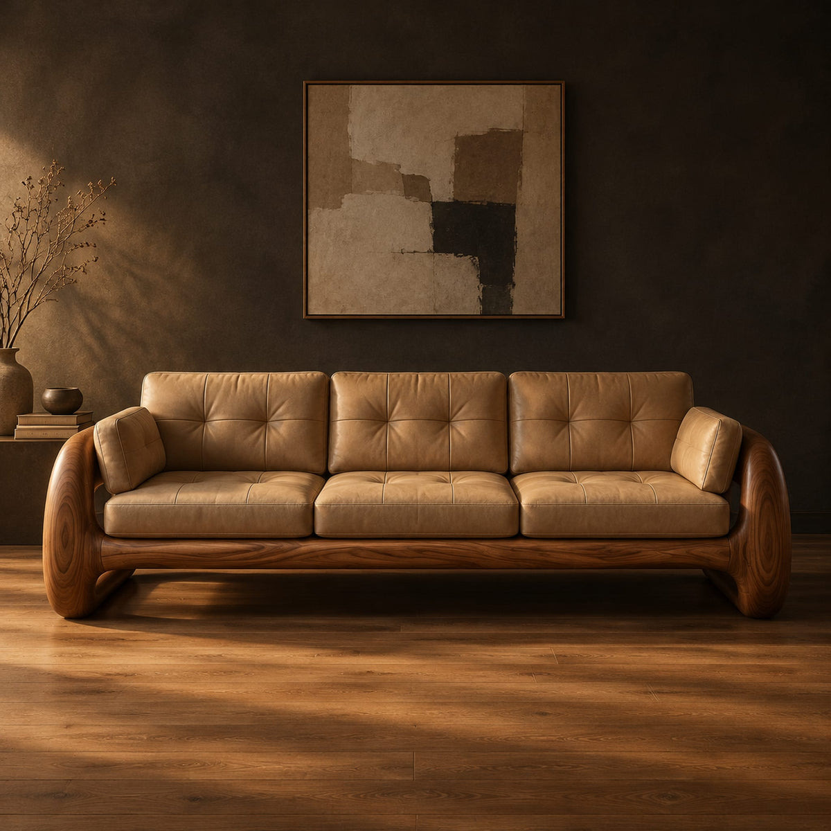 Three seat sofa with tufted cushions and open loop wooden arms in a dark studio against a charcoal plaster wall