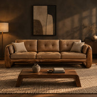 Three seat sofa with tufted cushions and open loop wooden arms in a dark living room at golden hour