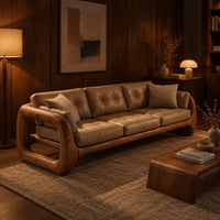 Three seat sofa with tufted cushions and open loop wooden arms in an evening living room with walnut wall paneling