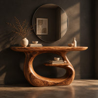 Oval top makeup vanity on a looping pedestal base with a small inner shelf, three-quarter view showing the grain
