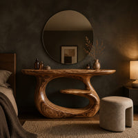 Oval top makeup vanity on a looping pedestal base with a small inner shelf in a dark bedroom at golden hour