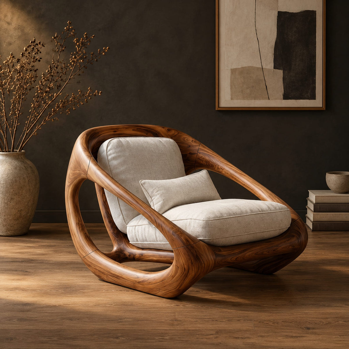 Sculpted lounge chair with a thick looping wood frame and open side cutouts in a dark studio against a charcoal plaster wall
