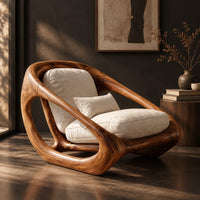 Sculpted lounge chair with a thick looping wood frame and open side cutouts, three-quarter view showing the grain