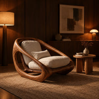 Sculpted lounge chair with a thick looping wood frame and open side cutouts in an evening living room with walnut wall paneling