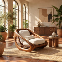 Sculpted lounge chair with a thick looping wood frame and open side cutouts in a bright living room with arched windows and plants