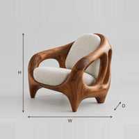 Sculpted Lounge Chair With Open Cutout Frame And Flared Legs dimension diagram with width, height and depth