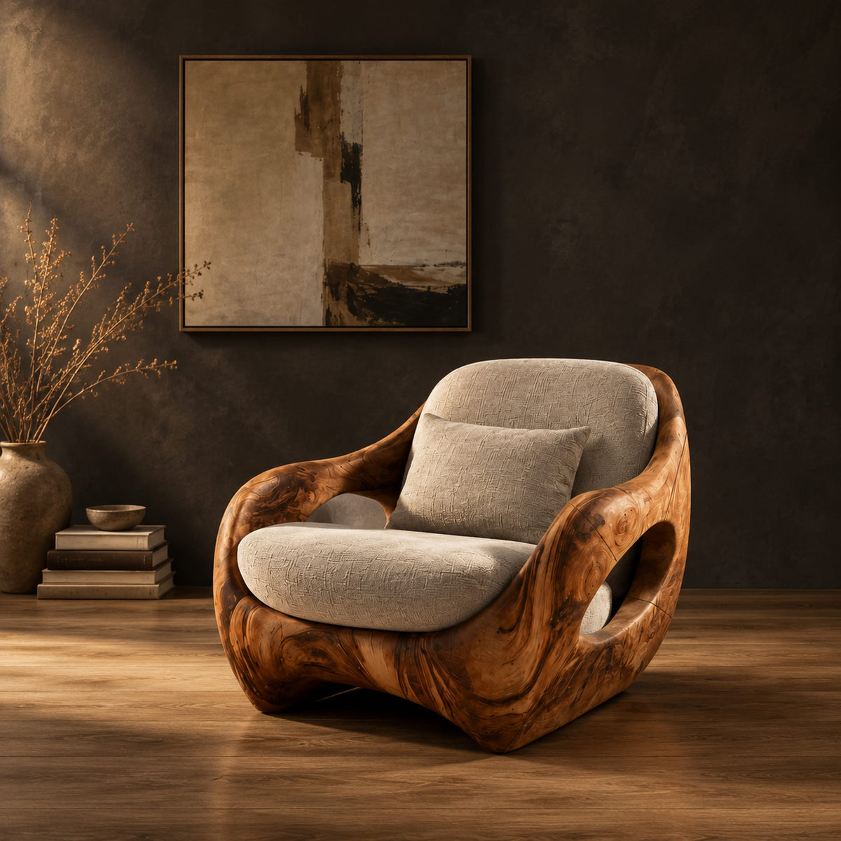 Sculpted lounge chair with open oval side cutouts and a cushioned seat in a dark studio against a charcoal plaster wall