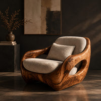 Sculpted lounge chair with open oval side cutouts and a cushioned seat, three-quarter view showing the grain