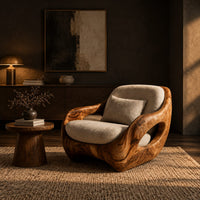Sculpted lounge chair with open oval side cutouts and a cushioned seat in a dark living room at golden hour