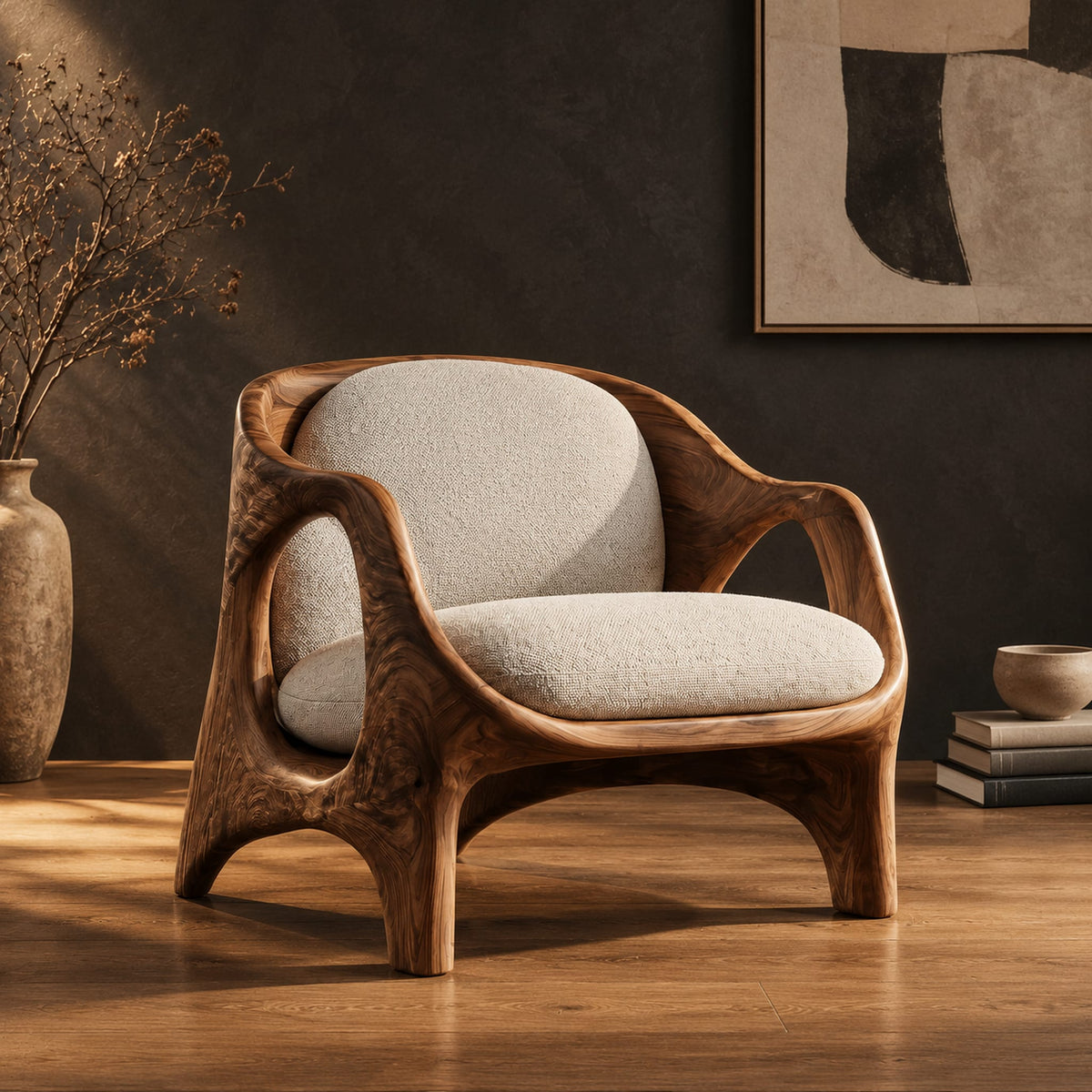 Sculpted lounge chair with open side cutouts and cream cushions in a dark studio against a charcoal plaster wall
